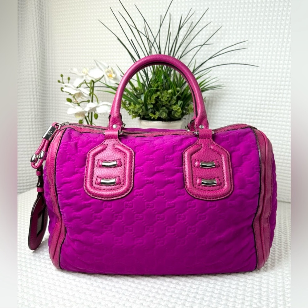 Gucci Gucissima Techno Tag Neoprene & Leather Boston Bag - Vibrant Magenta - Picture 2 of 13